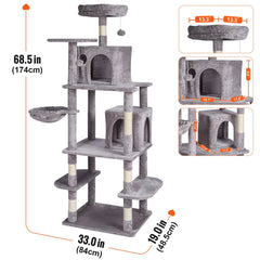 Cat Tree 174 cm Cat Tower with Cat Condos Sisal Scratching Post Light Grey