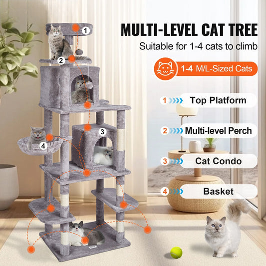 Cat Tree 174 cm Cat Tower with Cat Condos Sisal Scratching Post Light Grey