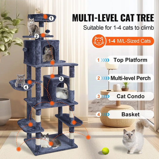 Cat Tree 174 cm Cat Tower with Cat Condos Sisal Scratching Post Dark Grey