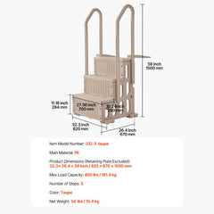 3-Step Taupe Robust Pool Ladder of 2 Handrails for 914.4-1219.2 mm Pools