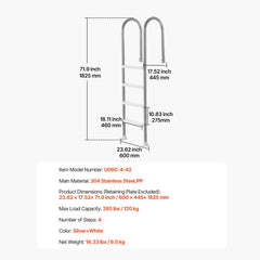 4-Step Stainless Steel Pool Ladder of 2 Handrail for 1371.6 mm Decked Pool