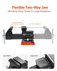 Bench Vise, 140 mm Jaw Width, 140 mm Max Jaw Opening Multipurpose Vise with 360° Swivel Locking Base, 73 mm Throat, Heavy Duty Ductile Iron Workbench Vise, Two-Way Jaws for Clamping Round Pipes