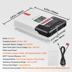 20A MPPT Solar Charge Controller, Auto DC Input, Solar Panel Regulator Charger with LCD Display Temperature Sensor Cable, for Sealed(AGM), Gel, Flooded and Lithium Battery Charging
