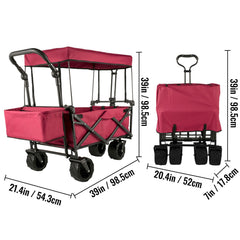 Folding Wagon Cart, Collapsible Folding Garden Cart w/ Shade Beach Utility
