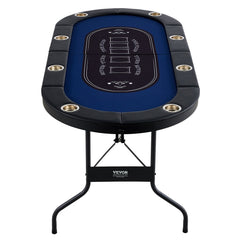 8 Player Foldable Poker Table, Blackjack Texas Holdem Poker Table with Padded Rails and Stainless Steel Cup Holders, Portable Folding Card Board Game Table,183cm Oval Casino Leisure Table, Blue