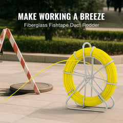 Fish Tape Fiberglass, 182.88 m, 7.9 mm, Duct Rodder Fishtape Wire Puller, Cable Running Rod with Steel Reel Stand, 3 Pulling Heads, Fishing Tools for Walls and Electrical Conduit, Non-Conductive
