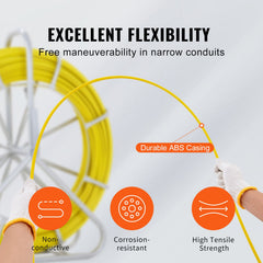 Fish Tape Fiberglass, 129.5 m, 6.35 mm, Duct Rodder Fishtape Wire Puller, Cable Running Rod with Steel Reel Stand, 3 Pulling Heads, Fishing Tools for Walls and Electrical Conduit, Non-Conductive