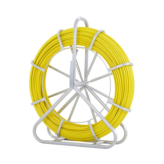 Fish Tape Fiberglass, 129.5 m, 6.35 mm, Duct Rodder Fishtape Wire Puller, Cable Running Rod with Steel Reel Stand, 3 Pulling Heads, Fishing Tools for Walls and Electrical Conduit, Non-Conductive