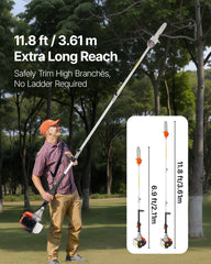 Gas Pole Saw, 43CC 2 Stroke Gas Powered Pole Saws with 25.4 cm Cutting Bar, Cordless Tree Trimmer with Rotatable Head, 2.1 to 3.6 m Extendable, Powerful Chainsaw for Tree Trimming Pruning