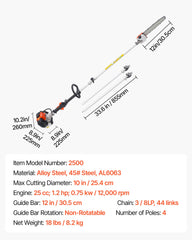 Gas Pole Saw, 25CC 2 Stroke Gas Powered Pole Saws with 30.5 cm Cutting Bar, Cordless Tree Trimmer with 650ml Fuel Tank, 2.12 to 3.62 m Extendable, Powerful Chainsaw for Tree Trimming Pruning