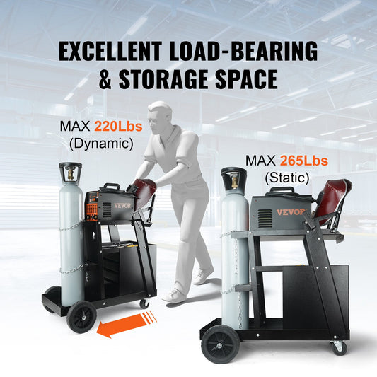 Welding Cart, 2-Tier 4 Drawers Welder Cart with 265 LBS Weight Capacity, Swivel Wheels, Tank Storage Safety Chains, Heavy Duty Rolling MIG Welder Cart for Mig Welder and Plasma Cutter