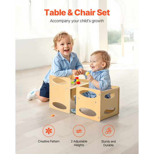 Montessori Weaning Table and Chair Set, Wooden Toddler Table and Chair Set for Aged 1-5, Adjustable Height Kids Montessori Chair and Activity Table, Ideal for Reading, Eating, Playing - Natural
