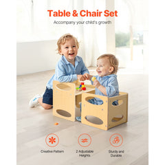 Montessori Weaning Table and Chair Set, Wooden Toddler Table and Chair Set for Aged 1-5, Adjustable Height Kids Montessori Chair and Activity Table, Ideal for Reading, Eating, Playing - Natural