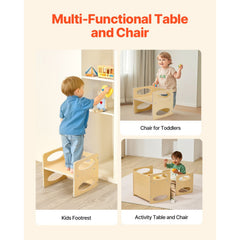 Montessori Weaning Table and Chair Set, Wooden Toddler Table and Chair Set for Aged 1-5, Adjustable Height Kids Montessori Chair and Activity Table, Ideal for Reading, Eating, Playing - Natural