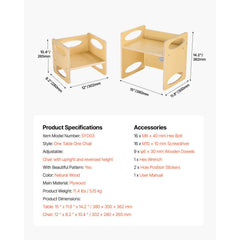 Montessori Weaning Table and Chair Set, Wooden Toddler Table and Chair Set for Aged 1-5, Adjustable Height Kids Montessori Chair and Activity Table, Ideal for Reading, Eating, Playing - Natural