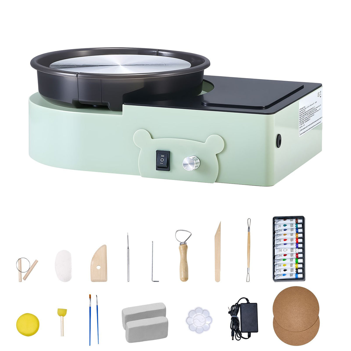 Mini Pottery Wheel, 158 mm Turntable, Forward and Reverse Rotation, Adjustable Speed, Electric Clay Wheel for Kids and Adults, with Clay Shaping Tools, for Home DIY, Pottery Classes, Green