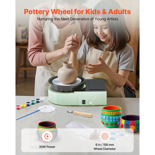 Mini Pottery Wheel, 158 mm Turntable, Forward and Reverse Rotation, Adjustable Speed, Electric Clay Wheel for Kids and Adults, with Clay Shaping Tools, for Home DIY, Pottery Classes, Green