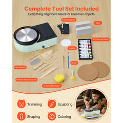 Mini Pottery Wheel, 158 mm Turntable, Forward and Reverse Rotation, Adjustable Speed, Electric Clay Wheel for Kids and Adults, with Clay Shaping Tools, for Home DIY, Pottery Classes, Green