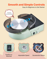 Mini Pottery Wheel, 158 mm Turntable, Forward and Reverse Rotation, Adjustable Speed, Electric Clay Wheel for Kids and Adults, with Clay Shaping Tools, for Home DIY, Pottery Classes, Green