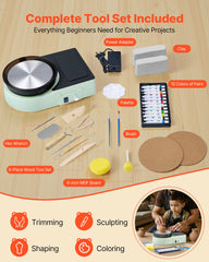 Mini Pottery Wheel, 158 mm Turntable, Forward and Reverse Rotation, Adjustable Speed, Electric Clay Wheel for Kids and Adults, with Clay Shaping Tools, for Home DIY, Pottery Classes, Green