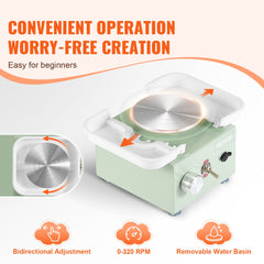 VEVOR Mini Pottery Wheel, 0-320RPM Adjustable Speed Detachable Basin Forming Machine, 2.56in/3.94in 2 Turntables Electric Ceramic Wheel Machine, 18pcs Accessories, for Art Craft Work Home DIY, Green
