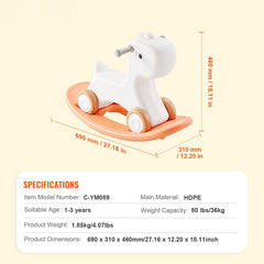 3 in 1 Rocking Horse for Toddlers 1-3 Years, Baby Rocking Horse with Detachable Balance Board and 4 Smooth Wheels, Support up to 80 lbs HDPE Material Kids Ride on Toy, Swinging, Orange