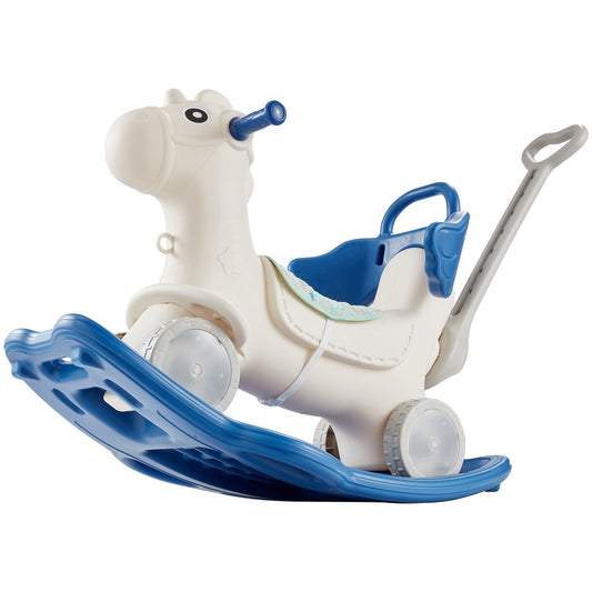 4 in 1 Rocking Horse for Toddlers 1-3 Years, Baby Rocking Horse with Detachable Balance Board, Push Handle and 4 Smooth Wheels, Support up to 80 lbs HDPE Kids Ride on Toy with Sound, Blue