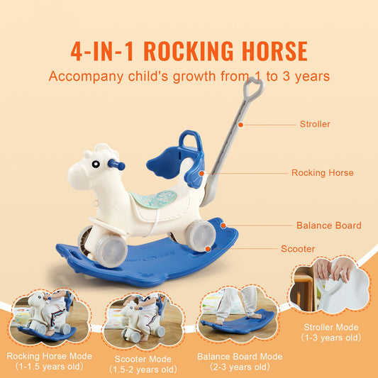 4 in 1 Rocking Horse for Toddlers 1-3 Years, Baby Rocking Horse with Detachable Balance Board, Push Handle and 4 Smooth Wheels, Support up to 80 lbs HDPE Kids Ride on Toy with Sound, Blue