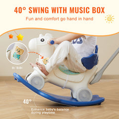 4 in 1 Rocking Horse for Toddlers 1-3 Years, Baby Rocking Horse with Detachable Balance Board, Push Handle and 4 Smooth Wheels, Support up to 80 lbs HDPE Kids Ride on Toy with Sound, Blue