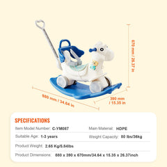 4 in 1 Rocking Horse for Toddlers 1-3 Years, Baby Rocking Horse with Detachable Balance Board, Push Handle and 4 Smooth Wheels, Support up to 80 lbs HDPE Kids Ride on Toy with Sound, Blue