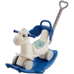 4 in 1 Rocking Horse for Toddlers 1-3 Years, Baby Rocking Horse with Detachable Balance Board, Push Handle and 4 Smooth Wheels, Support up to 80 lbs HDPE Kids Ride on Toy with Sound, Blue