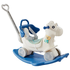 4 in 1 Rocking Horse for Toddlers 1-3 Years, Baby Rocking Horse with Detachable Balance Board, Push Handle and 4 Smooth Wheels, Support up to 80 lbs HDPE Kids Ride on Toy with Sound, Blue