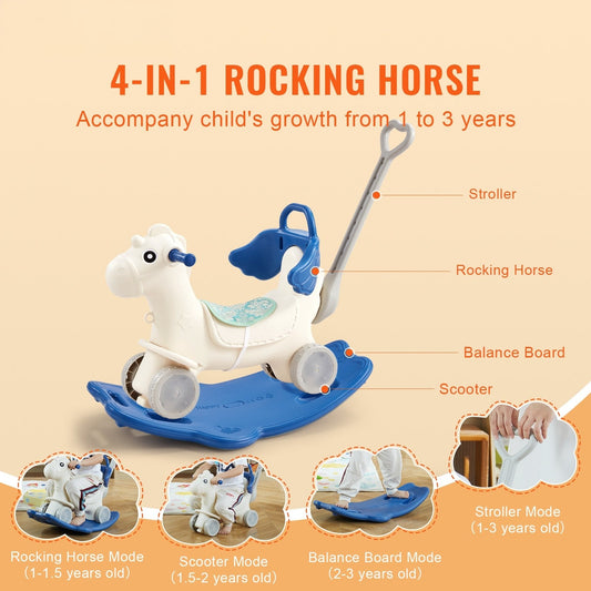 4 in 1 Rocking Horse for Toddlers 1-3 Years, Baby Rocking Horse with Detachable Balance Board, Push Handle and 4 Smooth Wheels, Support up to 80 lbs HDPE Kids Ride on Toy with Sound, Blue