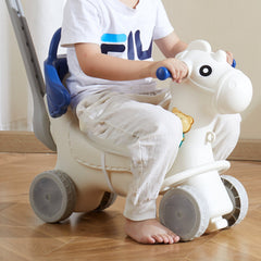 4 in 1 Rocking Horse for Toddlers 1-3 Years, Baby Rocking Horse with Detachable Balance Board, Push Handle and 4 Smooth Wheels, Support up to 80 lbs HDPE Kids Ride on Toy with Sound, Blue