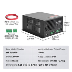 CO2 Laser Power Supply, 100W, Power Supply for 100W Laser Tube, Constant Current Protection, Open Circuit Protection, Fast Heat Dissipation, Compatible for Multi-brand Laser Engravers & Cutters