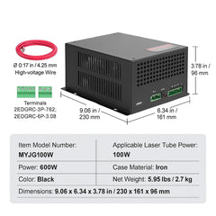 CO2 Laser Power Supply, 100W, Power Supply for 100W Laser Tube, Constant Current Protection, Open Circuit Protection, Fast Heat Dissipation, Compatible for Multi-brand Laser Engravers & Cutters