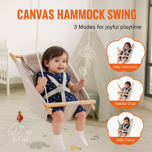 Canvas Hammock Swing, 3 Modes Baby Swing Indoor and Outdoor with 5-Point Harness, and Tree Straps, 150lbs Weight Capacity, Integrated Cushion, Wooden Hanging Swing Seat for Baby to Toddler
