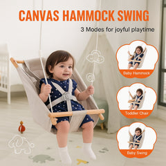 Canvas Hammock Swing, 3 Modes Baby Swing Indoor and Outdoor with 5-Point Harness, and Tree Straps, 150lbs Weight Capacity, Integrated Cushion, Wooden Hanging Swing Seat for Baby to Toddler