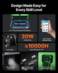 Laser Engraver, 20W, Laser Engraving and Cutting Machine with Enclosure Camera, Laser Cutter, 36000 mm/min, 500 x 320 mm Working Area, for Wood, Leather, Glass, Paper, Certain Metal, Class 1