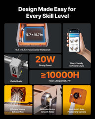 Laser Engraver, 20W, Laser Engraving and Cutting Machine with Enclosure Camera, Laser Cutter, 400 x 400 mm Working Area, 30000 mm/min, for Wood, Leather, Glass, Paper, Certain Metal, Class 1