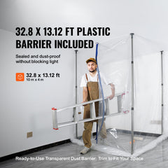 Dust Barrier Poles, 10 Ft Barrier Poles, Dust Barrier System with 4 Telescoping Poles, Magnetic Zipper, Carry Bag and 32.8x13.12 Ft Plastic Film, for Interior Decoration, Painting
