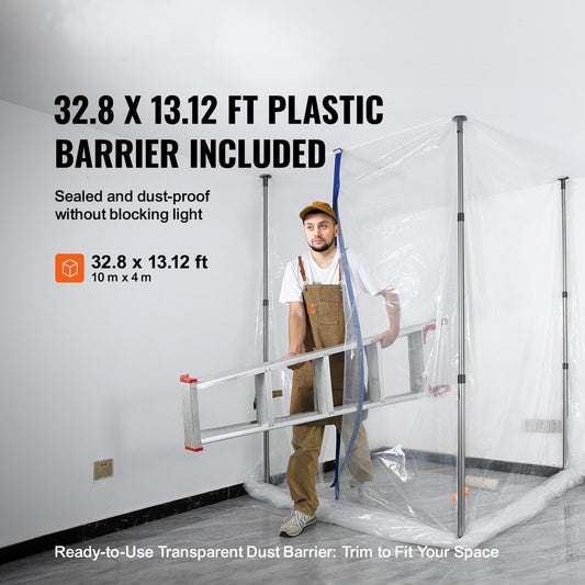 Dust Barrier Poles, 10 Ft Barrier Poles, Dust Barrier System with 4 Telescoping Poles, Magnetic Zipper, Carry Bag and 32.8x13.12 Ft Plastic Film, for Interior Decoration, Painting