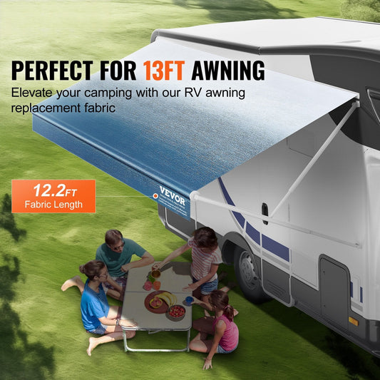 RV Awning Fabric Replacement, 3.72m Fabric Length for 3.96mAwning, Heavy Duty 3-Ply 16oz PVC Camper Awning Fabric, Waterproof & UV Protection Outdoor Canopy for RV, Trailer, Motorhome, Blue Fade