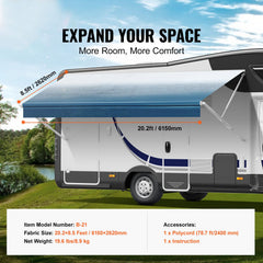 RV Awning Fabric Replacement, 6.15m Fabric Length for 6.4m Awning, Heavy Duty 3-Ply 16oz PVC Camper Awning Fabric, Waterproof & UV Protection Outdoor Canopy for RV, Trailer, Motorhome, Blue Fade