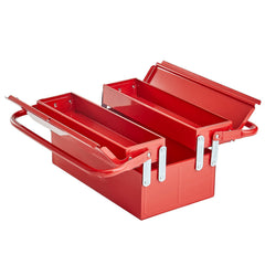 Metal Tool Box, 14-inch, 2-Tier 3-Tray Portable Folding Tool Chest Organizer with Handle & Lock Hole, Powder Coated Steel, Cantilever Toolbox for Household Factory Warehouse Repair Shop, Red