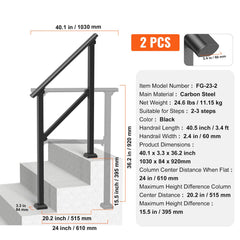 2 PCS 2-3 Handrails for Outdoor for Seniors Porch Deck Black Square Tube