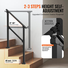 Handrails for Outdoor Steps, 2-3 Step Stair Hand Rail Kit, Transitional Carbon Steel Railings with Installation Kit, Stair Rails for Seniors, Concrete Steps & Porch & Deck, Black Square Tube