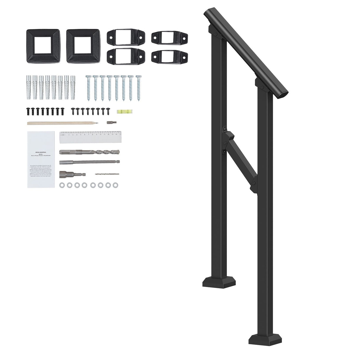 Handrails for Outdoor Steps, 1-2 Step Stair Hand Rail Kit, Transitional Carbon Steel Railings with Installation Kit, Stair Rails for Seniors, Concrete Steps & Porch & Deck, Black Square Tube