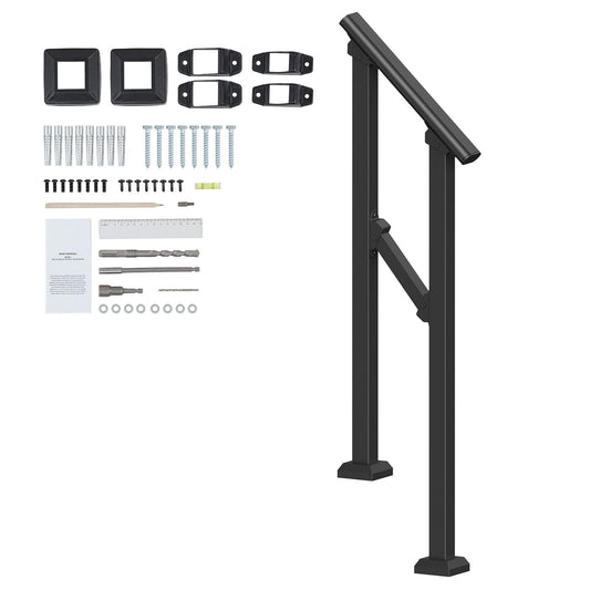 Handrails for Outdoor Steps, 1-2 Step Stair Hand Rail Kit, Transitional Carbon Steel Railings with Installation Kit, Stair Rails for Seniors, Concrete Steps & Porch & Deck, Black Square Tube