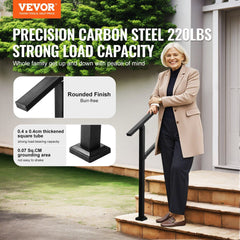 Outdoor Handrails for Steps, 2-3 Step Stair Rail Kit, Black Square Tube with Horizontal Bar, Carbon Steel Support Rails for Seniors, Concrete & Deck Stairs, Easy Installation